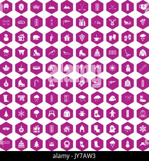 100 winter icons hexagon violet Stock Vector