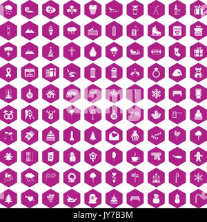100 winter holidays icons hexagon violet Stock Vector