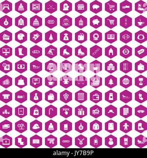 100 winter shopping icons hexagon violet Stock Vector