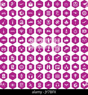 100 wireless technology icons hexagon violet Stock Vector