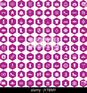 100 woman shopping icons hexagon violet Stock Vector