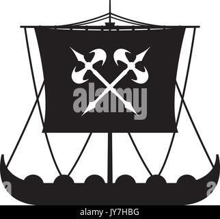 Cartoon Norse Viking Warriors and Longship in Silhouette Vector Illustration Stock Vector