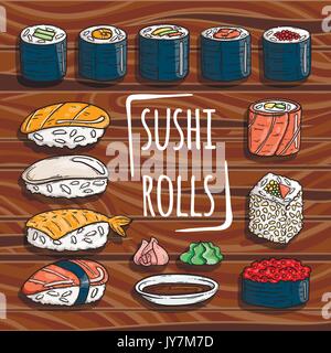 Doodle japanese sushi and rolls collection on wood. Traditional fresh seafood. Asia cuisine delicious. Rice with salmon, eel, alga. Vector set. Stock Vector