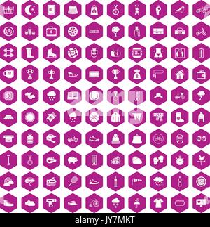 100 woman sport icons hexagon violet Stock Vector