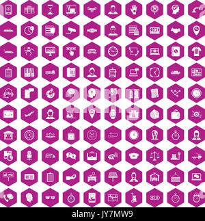 100 working hours icons hexagon violet Stock Vector