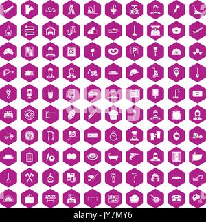 100 working professions icons hexagon violet Stock Vector