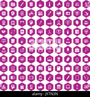 100 work space icons hexagon violet Stock Vector