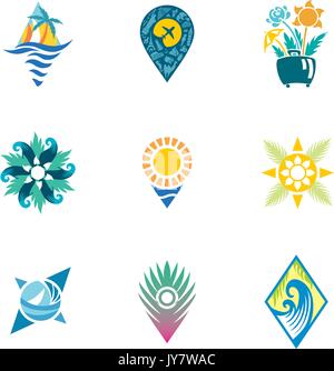 Logo design flat vector illustrations with sun, compass, geo tag in vintage style Stock Vector