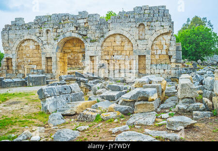 Perge is important part of tourist routes, it's located in Antalya suburb and include many preserved ruins of the ancient city, Turkey. Stock Photo