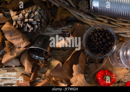 Close up of dry leaf by spices on table Stock Photo