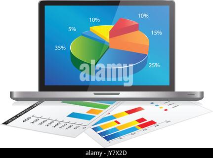 Laptop with Graph Chart and a paper with statistic charts. Concept for business, graph statistics, data analysis, financial research report, market st Stock Vector