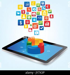 Tablet with Graph Chart and financial icon. Concept for business, graph statistics, data analysis, financial research report, market stats. Stock Vector