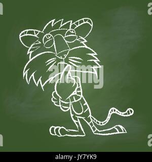 Hand drawing of a Thinking Tiger with textured green board. Education Concept, Vector Illustration Stock Vector