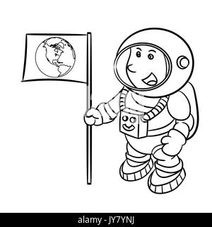 Hand drawn sketch of Astronaut isolated, Black and White Cartoon Vector Illustration for Coloring Book - Line Drawn Vector Stock Vector