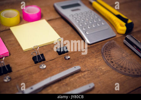 Close up of shot of instruments on wooden table Stock Photo