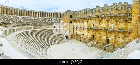 Aspendos archaeological site is important part of the tourist routes, its amphitheater is nice place to discover ancient Greco-Roman architecture, Tur Stock Photo