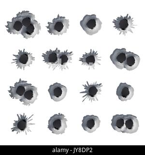 Metal Bullet Holes Set Vector. Realistic Caliber Weapon Holes Punched Through Metal Isolated. Gunshot Cracked Bullets Holes. Effect Damage Illustration Stock Vector