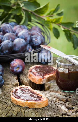 Sandwich with fresh plum jam lying on old wooden stump in garden. Stock Photo