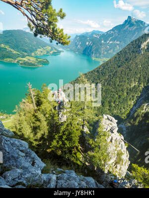 Mondsee and Attersee, view from Drachenwand rock, via ferrata, Halstatt region, Austria, Summer Stock Photo
