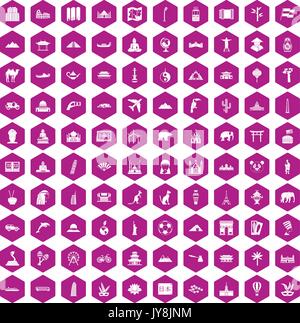 100 world tour icons hexagon violet Stock Vector