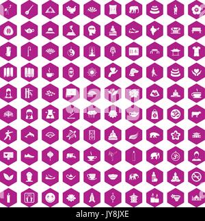 100 yoga icons hexagon violet Stock Vector
