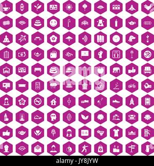 100 yoga studio icons hexagon violet Stock Vector