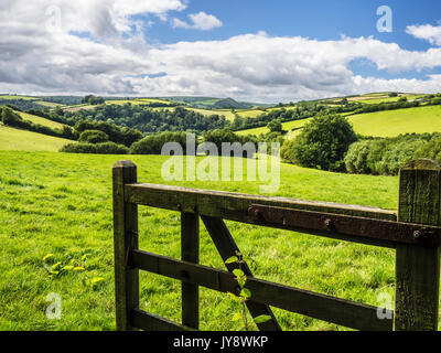 View through an open gate to the summer landscape of Exmoor National Park. Stock Photo