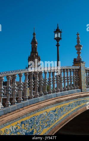 Street lamp and details of a decorated building of Plaza de Espana, the most famous square of Seville built in 1928 for the Ibero-America  Exposition Stock Photo