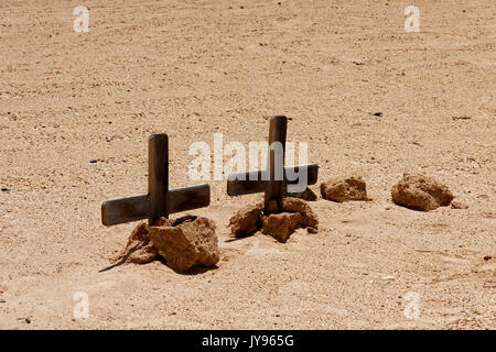 Wooden crosses in Namib Desert, at road C35 east of Henties Bay in the Dorob National Park, Swakopmund District, Erongo Region, Namibia
