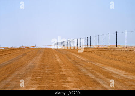 Teelephone poles along road C35 in Namib Desert, east of Henties Bay in the Dorob National Park, Swakopmund District, Namibia Stock Photo