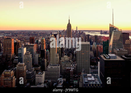 New York City, New York State, United States of America.  View over Manhattan island to the Empire State building.  Seen from the Rockefeller Centre T Stock Photo