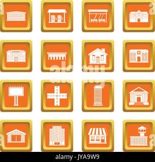 City infrastructure items icons set orange Stock Vector