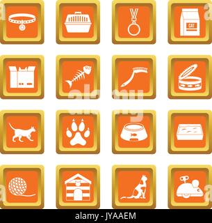 Cat care tools icons set orange Stock Vector