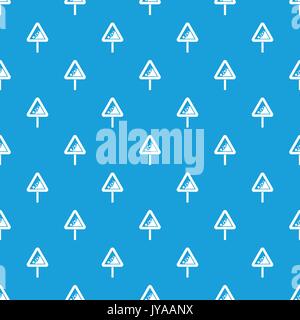 Falling rocks warning traffic sign pattern seamless blue Stock Vector