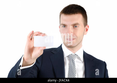 Man holding white business card on white background. business card background person hand closeup blank empty concept Stock Photo