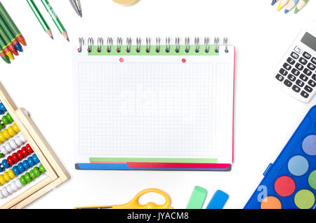 Back to school supplies composition. school desktop pencil background supplies education workspace table concept Stock Photo
