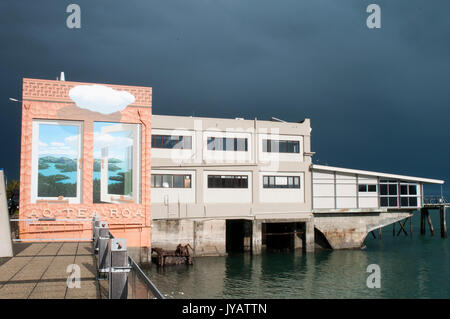 Commercial buildings with trompe l'oeil mural at Port Nelson, New Zealand Stock Photo