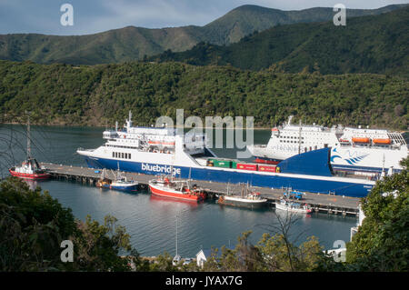 Bluebridge Cook Strait Inter-island Ro-Ro ferries docked at Picton, Marlborough. Service links North and South Islands, New Zealand. Stock Photo