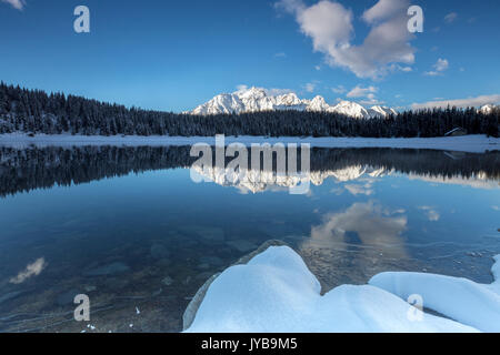 Woods and snowy peaks are reflected in the clear water of Palù Lake Malenco Valley Valtellina Lombardy Italy Europe Stock Photo