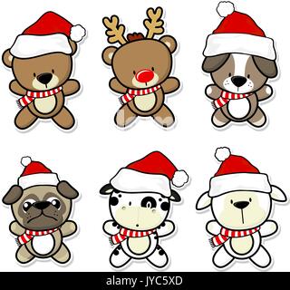 cute baby animals with christmas hat and scarf Stock Vector