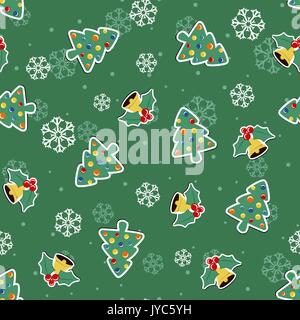 christmas seamless pattern with pine tree and bells on snowflakes background Stock Vector
