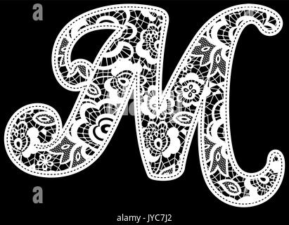 illustration of embroidery lace initial isolated on black, ideal for wedding invitation or decoration Stock Vector