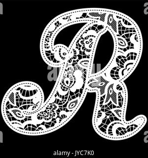 illustration of embroidery lace initial isolated on black, ideal for wedding invitation or decoration Stock Vector