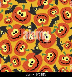 funny seamless pattern background for halloween themes with bats and pumpkins Stock Vector