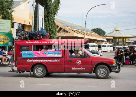 CHIANG MAI, THAILAND - AUGUST 12  2017: Red taxi Chiang Mai, For Passenger from Bus Station to City Center. Photo at Chiangmai bus station, thailand. Stock Photo