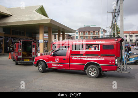 CHIANG MAI, THAILAND - AUGUST 12  2017: Red taxi Chiang Mai, For Passenger from Bus Station to City Center. Photo at Chiangmai bus station, thailand. Stock Photo