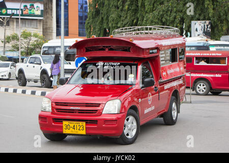 CHIANG MAI, THAILAND - AUGUST 12  2017: Red taxi Chiang Mai, For Passenger from Bus Station to City Center. Photo at Chiangmai bus station, thailand. Stock Photo