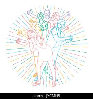 Icon of happy young people holding their thumbs up. Icon in the linear style Stock Vector