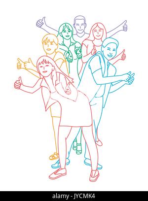 Icon of happy young people holding their thumbs up. Icon in the linear style Stock Vector