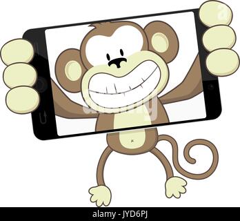 funny monkey cartoon photographing herself with smartphone isolated on white background Stock Vector